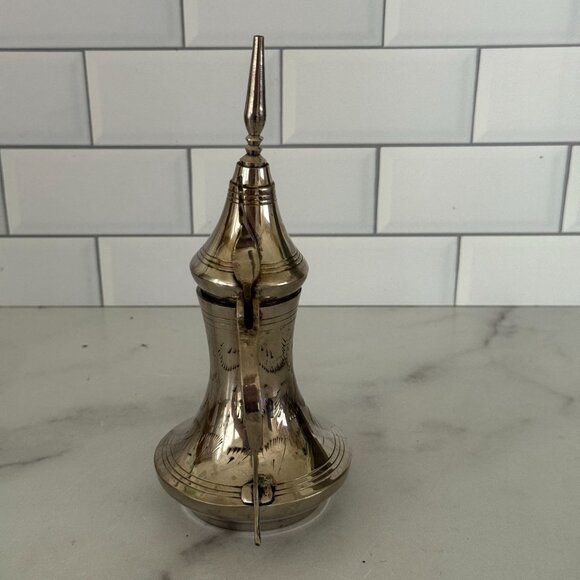 Vintage Middle Eastern Brass Coffee Pot With Engraved Details & Hinged Lid - Picture 5 of 6